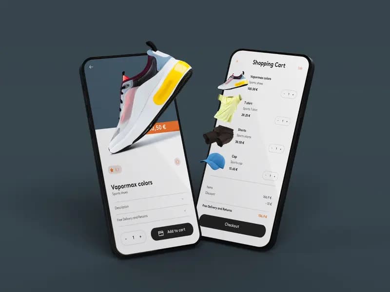 E-commerce mobile app design: product page and shopping cart