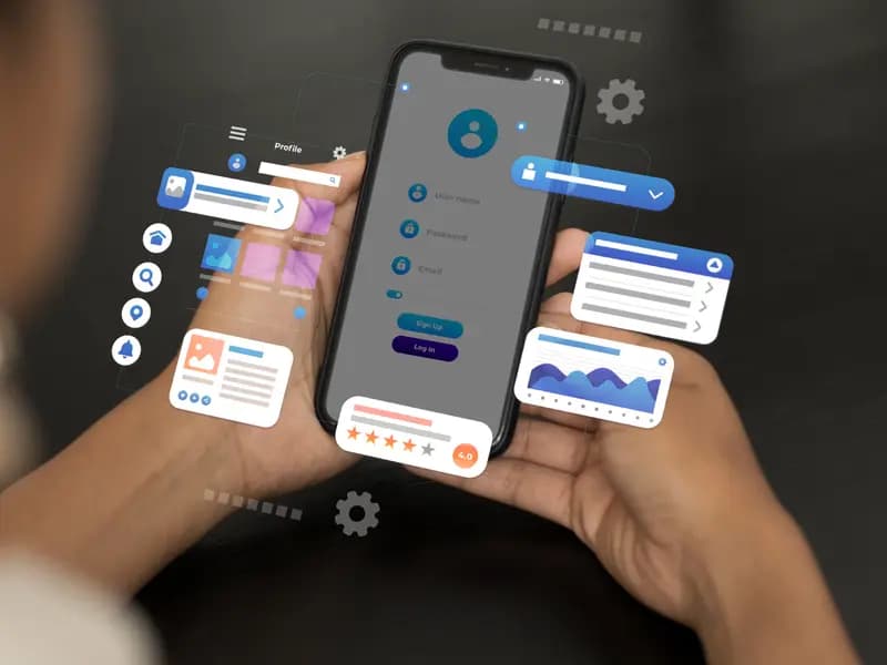 Smartphone surrounded by app interface elements — mobile UI/UX design