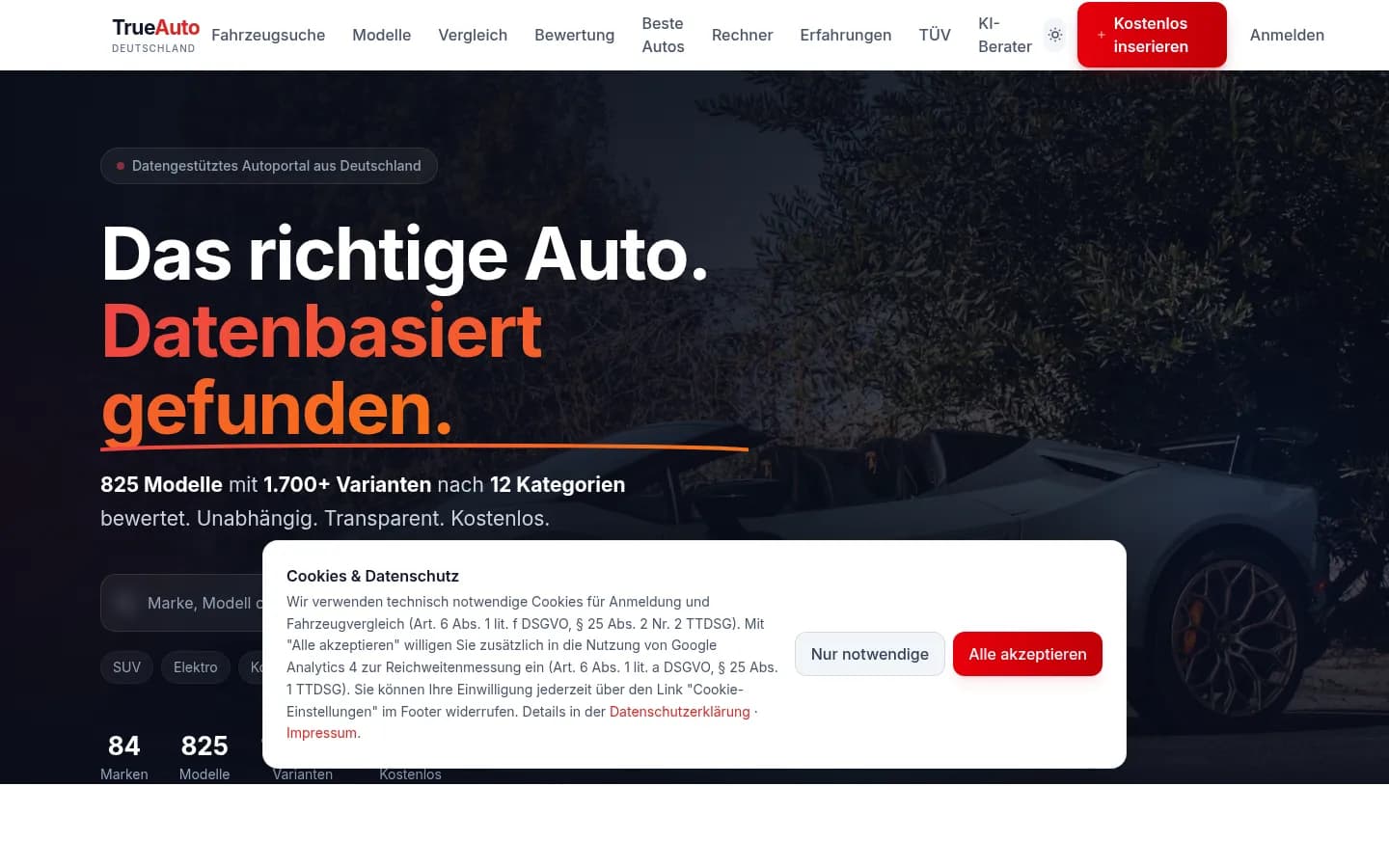 الصفحة الرئيسية لمنصة TrueAuto الألمانية للبحث عن السيارات ومقارنتها، من أعمال تطوير تكنولوجي