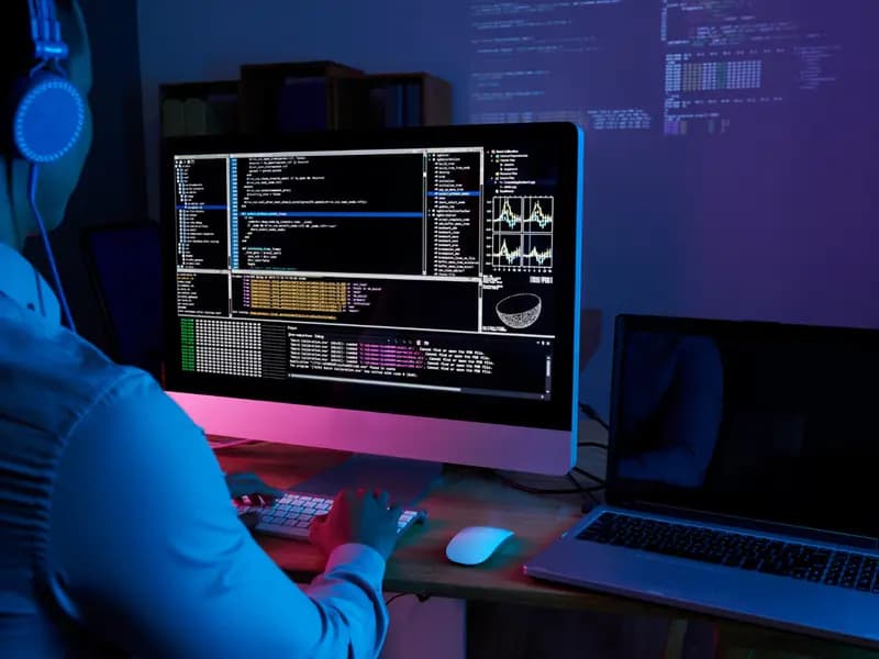 Software developer writing code on a desktop monitor — custom software development
